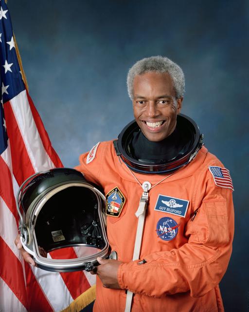Official portrait of the first African-American to fly into space, Guion Bluford. 
