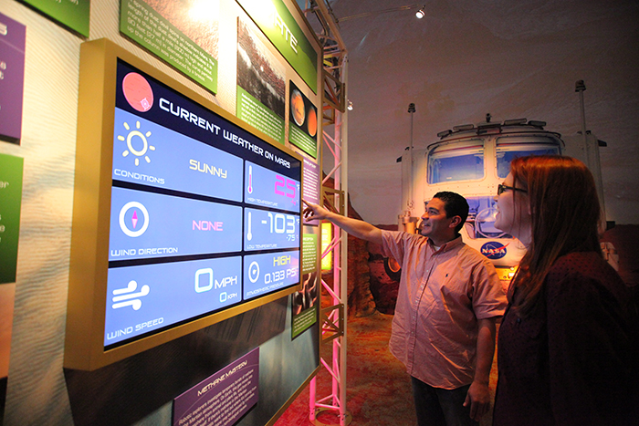 Learn about the extreme temperatures on Mars and its seasons due to the thinness of its atmosphere at Space Center Houston’s interactive Mission Mars exhibit. Visitors can peer inside an Orion spacecraft research model, stand close to a giant model rocket and walk on a virtual Mars environment.